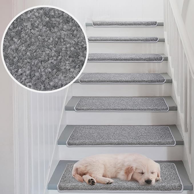 PURE ERA Bullnose Carpet Stair Treads Set Tape Free Non-Slip Indoor Stair Protectors Pet Friendly Rugs Covers Soft Skid Resistant Washable Reusable 9.5" x 30"(2 Pieces,Gray)