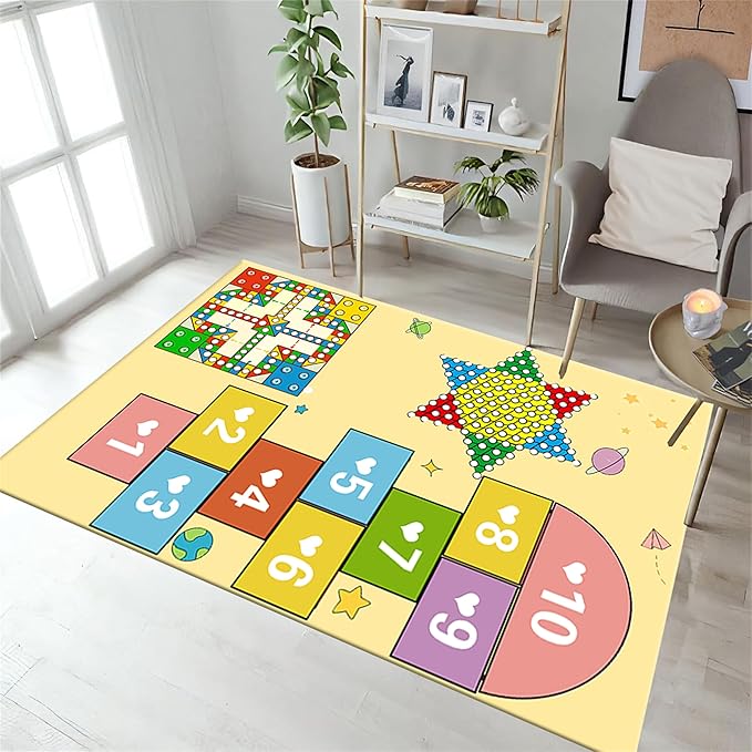 Play Game Area Rugs Jump and Counting Game Crawl Jump Mat with Colorful Hopscotch and Rainbow Designs Yellow Baby Play Collection Anti-Slip Carpet Home Learning Matfor Kids Room Playroom, 3x4ft