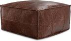 SIMPLIHOME Sheffield Coffee Table Pouf - 26 inch Wide Genuine Leather Square Ottoman in Distressed Brown, Boho-Style Footrest, Coffee Table, or Extra Seating for Living Room or Family Room, Assembled
