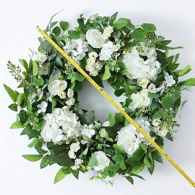 24 Inch Spring Summer Wreaths for Front Door, Spring Wreath,Summer Door Wreaths Outside,Large Floral Flowers Wreath with White Hydrangea for All Seasons Indoor Outdoor Home Decor