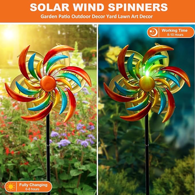 360° Wind Spinners Outdoor with Solar Lights Colored Leaves Garden Decor Yard Lawn Art Decor for Patio Kinetic Windmills 60.63'' H x 13.38'' Dia Unique Gifts for Friends and Family