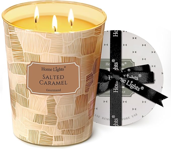 HomeLights Scented Candles | Large Jar 34 Oz Natural Soy Candle | 130 hrs Long-Lasting with 3 Wicks | Rustic Modern Home Decor | Gifts for Mom & Women, Salted Caramel