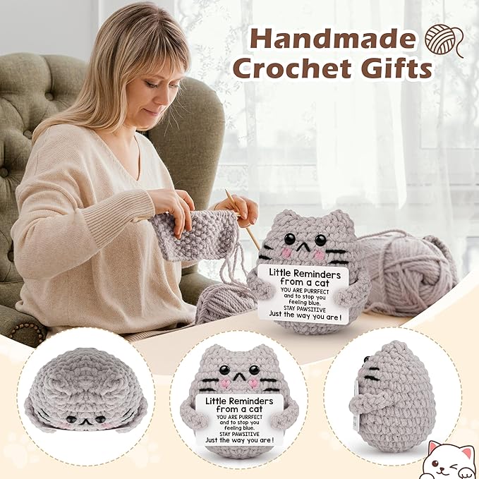 Positive Cat Inspirational Birthday Gifts for Women, Back to School Students Little Reminders Emotional Crochet Support Duck Pickle Potato Small Cute Cat for Her Him Men Friends Coworkers