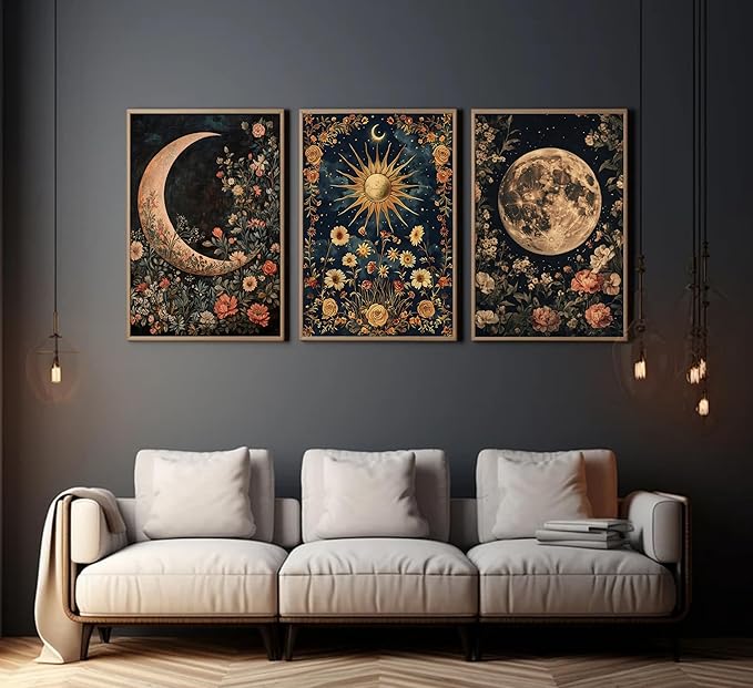 3Pcs Sun and Moon Celestial Canvas Wall Art Vintage Gothic Mystical Crescent Floral Plant Dark Academia Painting Picture Wall Decor Posters Print Artwork for Living Room Bedroom Decoration Unframed (16L" x 12W"-Poster)