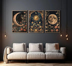 3Pcs Sun and Moon Celestial Canvas Wall Art Vintage Gothic Mystical Crescent Floral Plant Dark Academia Painting Picture Wall Decor Posters Print Artwork for Living Room Bedroom Decoration Unframed (16L" x 12W"-Poster)