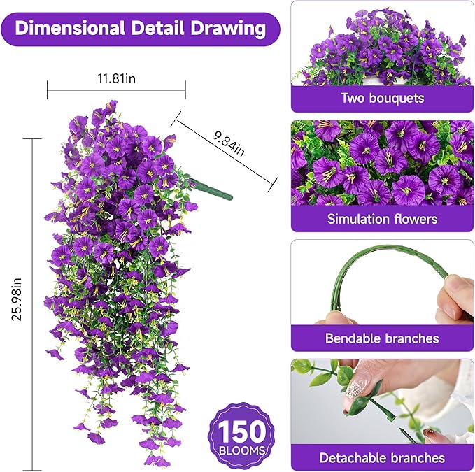 Artificial Hanging Flowers for Outdoors, 2 PCS UV Resistant Faux Silk 150 Morning Glory Each Trailing Vines, Fake Plants for Spring Outdoor Garden Planter Porch Patio Decoration, Purple