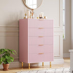 GarveeHome 5 Drawer Dresser for Bedroom, Modern Pink Dresser with Gold Handle and Large Drawer, Wood Double Chest of Drawers and Storage Organizer for Living Room, Hallway, Entryway