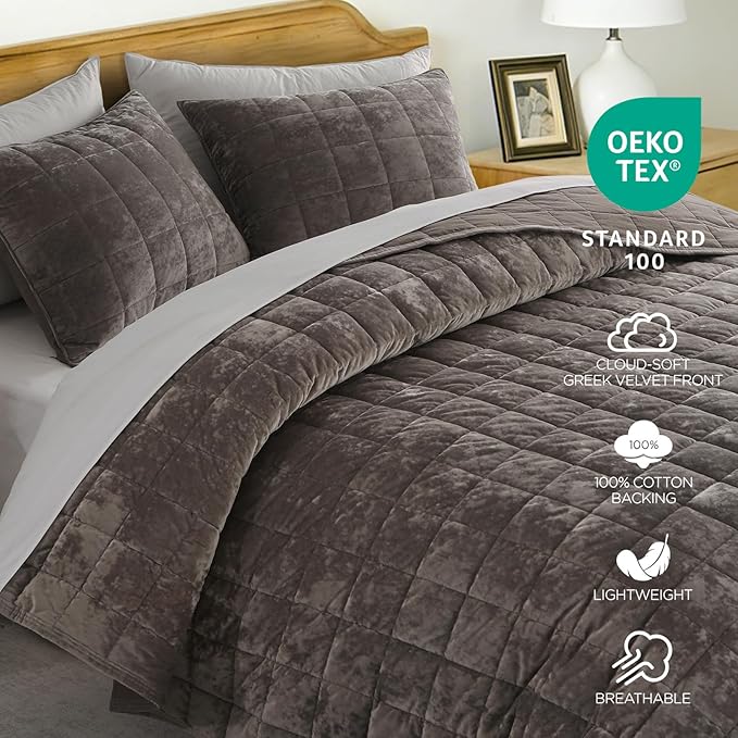 KASENTEX Greek Velvet Twin Quilt Set, 3× Softer Luxe Sheen, 100% Cotton Backing, 150GSM Down-Alternative Fill, Expanded 68×90" Coverage for Fuller Side Drape (1 Quilt + 1 Pillow Shams), Fossil