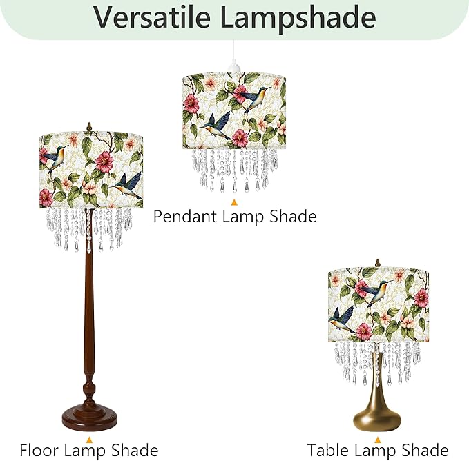 Hummingbird Floral Lamp Shade with Acrylic Bead Droplets, Spring Humming Bird Flower Fabric Light Shade for Pendant Table & Floor Lamps, Memorial Gift for Bird Lover, 11.8in