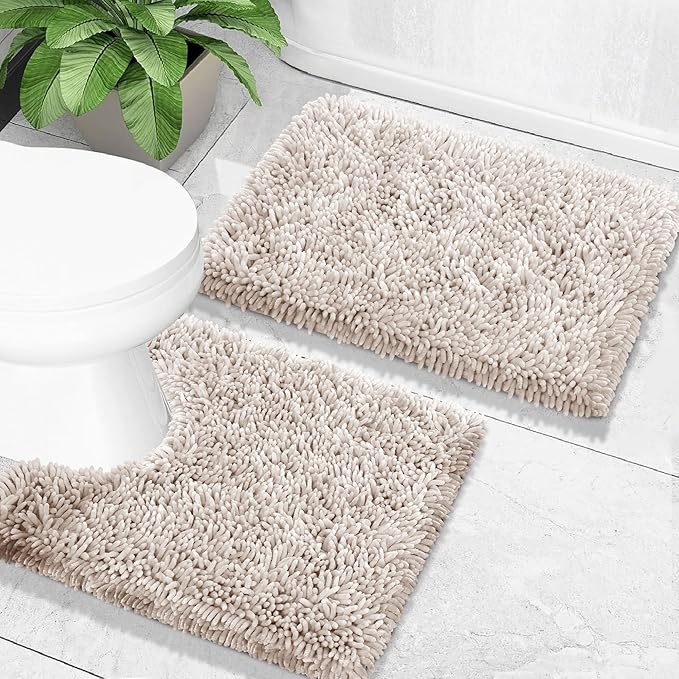 Yimobra Toilet Rugs U Shaped Washable, Extra Thick Soft Absorbent Chenille Contour Bathroom Rugs for Toilet 24x20 Inch, Quick Dry Non Slip Toilet Mat for Bath Floor, Khaki