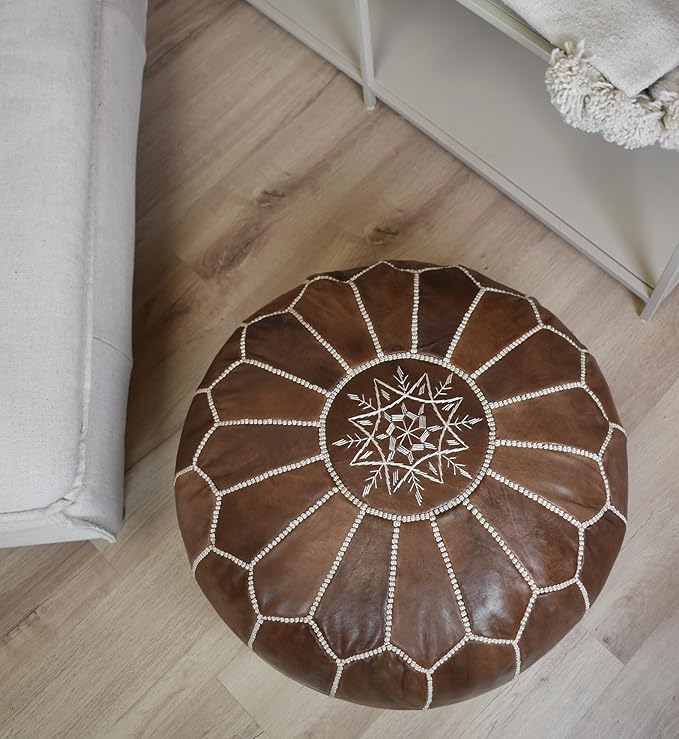 Poufs&Pillows Premium Moroccan Leather Pouf - Handmade - Delivered Stuffed - Ottoman, Footstool, Floor Cushion (Wood Brown)