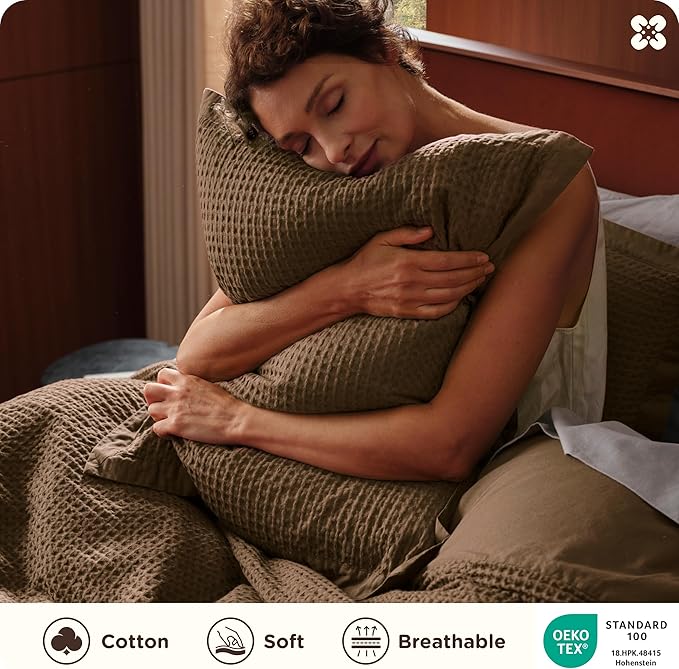 Bedsure Cotton Duvet Cover Queen Size - 100% Cotton Waffle Weave Brown Duvet Cover Queen Size, GentleSoft™ and Breathable Bedding Set for All Season, 3 Pieces, 90"x90"