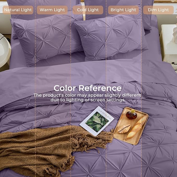 Sasttie King Size Comforter Set, 7-Piece Bed in a Bag, Pintuck Bedding Set for All Season, Includes Comforter, Flat Sheet, Fitted Sheet, Pillowcases and Pillowshams, New Purple