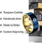 Mezuzah star Of David Ring - Gift for Jewish Family - Flat Dome Bevel - 8mm - Men Women - Yellow Gold Black Silver Blue - Anniversary Wedding - Personalized Custom Engraving - Band - Brushed Polished