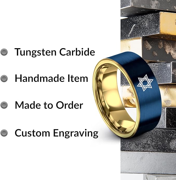 Mezuzah star Of David Ring - Gift for Jewish Family - Flat Dome Bevel - 8mm - Men Women - Yellow Gold Black Silver Blue - Anniversary Wedding - Personalized Custom Engraving - Band - Brushed Polished