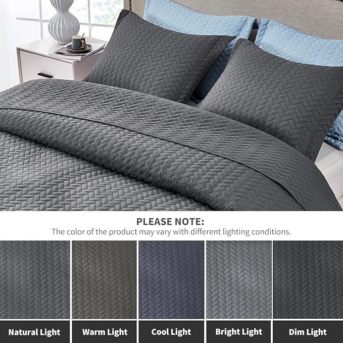 Maple&Stone Charcoal Grey Quilt Set Queen Size, Lightweight Bedspread Ultrasonic Chevron Pattern Light Coverlet for All Season Comforter Bedding Decor - 3 Piece Full Bed Cover Sets
