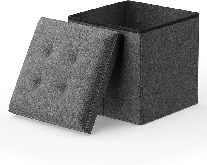 MoNiBloom 15 Inches Storage Ottoman Cube, Folding Square Foot Rest Stool, Small Ottoman Footrest with Storage for Living Room, Bedroom, Entryway, Dark Gray