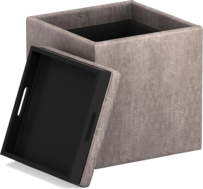 SIMPLIHOME Rockwood Cube Storage Ottoman with Tray - 17 inch Wide Upholstered Vegan Leather Square Storage Ottoman in Distressed Grey Taupe, Contemporary Cube Ottoman for Living Room with Serving Tray