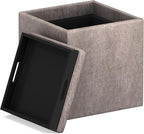 SIMPLIHOME Rockwood Cube Storage Ottoman with Tray - 17 inch Wide Upholstered Vegan Leather Square Storage Ottoman in Distressed Grey Taupe, Contemporary Cube Ottoman for Living Room with Serving Tray