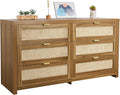 VEVOR Large Boho Dresser for Bedroom, 57" Wide Rattan Dresser 6 Drawer with Ample Storage, Modern Wood Chest of Drawers Closet TV Stand Dressers for Living Room, Walnut Oak
