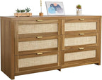 VEVOR Large Boho Dresser for Bedroom, 57" Wide Rattan Dresser 6 Drawer with Ample Storage, Modern Wood Chest of Drawers Closet TV Stand Dressers for Living Room, Walnut Oak