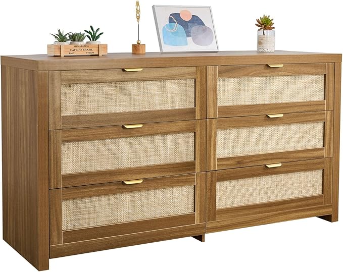VEVOR Large Boho Dresser for Bedroom, 57" Wide Rattan Dresser 6 Drawer with Ample Storage, Modern Wood Chest of Drawers Closet TV Stand Dressers for Living Room, Walnut Oak