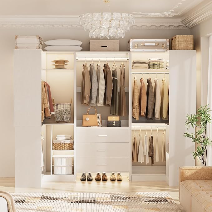 Aheaplus Closet System with 3 Drawers, 5 Hanging Rods & Corner Tower, Corner Closet System with Hanging, 88.8" U-Shaped Walk-In Wardrobe Organizer, 2000+ lbs Capacity, Set of 3,White