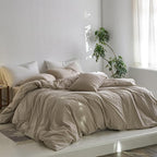 MooMee Striped Duvet Cover Set 100% Washed Cotton Linen Like Textured Breathable Durable Soft Comfy (Tannish Linen Grey White Wide Stripes, Oversized King Plus 128"x120")
