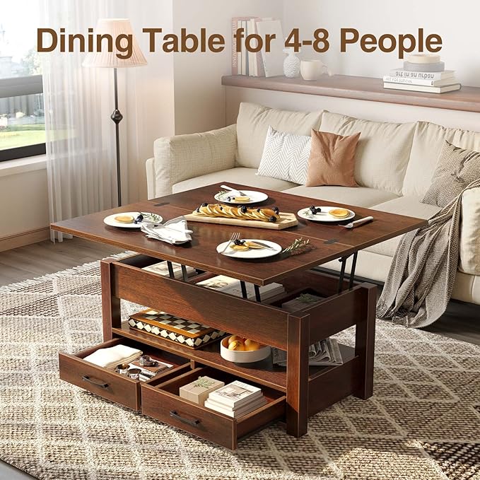 Rolanstar Coffee Table Lift Top, Multi-Function Convertible Coffee Table with Drawers and Hidden Compartment, Converts to Dining Table for Living Room, Home Office,Espresso
