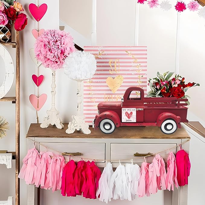 Valentine's day Truck Decor 13.4 Inch Farmhouse Vintage Metal Truck with 12 Magnets Valentines Day Table Decorations for Home Kitchen Mantel Spring Garden Interchangeable Seasonal Decor