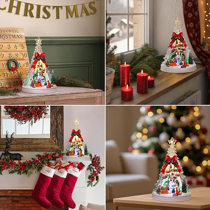 Christmas Village Scene Tree Animated with Rotating Snowman LED Lights Christmas Decorations for Home Gifts Light Up Music USB/Battery Collectible Buildings Figurines