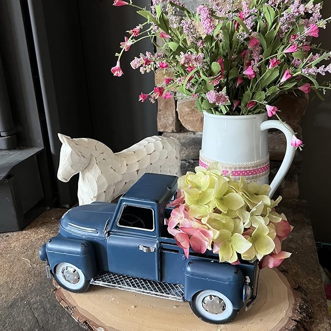 Farmhouse Blue Truck Decor, Vintage Metal Truck Table Decor, Decorative Farm Tabletop Storage & Garden Pickup Trucks Planter, Fall Coffee Desk Centerpiece & Car Model Gifts