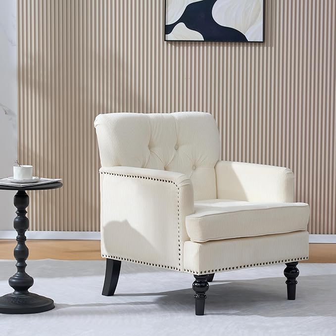 KEIKI Tufted Upholstered Accent Chair for Bedroom and Living Room, Button Tufted Club Chair with Corduroy Fabric, Fixed High Backrest, Rolled Arms and Studded Trim, Mid-Century Modern Reading Chair
