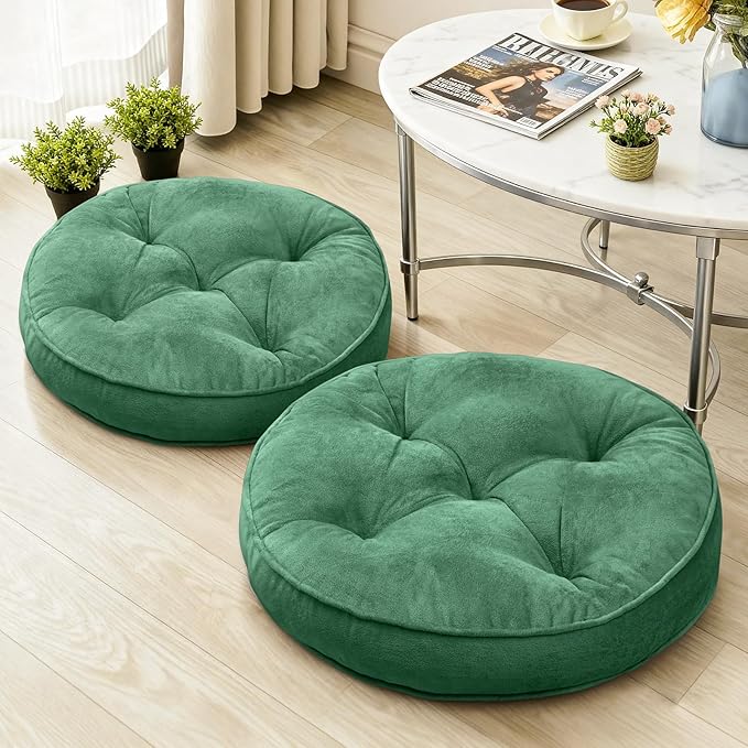 Floor Pillow Set of 2, Memory Foam Meditation Cushion, Floor Cushions for Adults Sitting, Large Round Seat Cushions for Yoga, Living Room, 20x20 Inch (Round | Green)