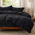 Bedsure Duvet Cover Queen Size with Fitted Sheet - 4 Pieces Prewashed Cotton-Like Extra Soft Bedding Set, Includes 1 Duvet Cover 90x90 Inches with Zipper Closure, 2 Pillow Shams, 1 Fitted Sheet, Black