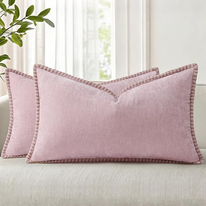 decorUhome Spring Chenille Soft Cozy Throw Pillow Covers 12x20 Set of 2 Modern Farmhouse Boho Velvet Decorative Pillow Cases with Stitched Edge for Couch Sofa Bed Home Valentines Decor, Blush Pink
