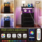 Tall Nightstand Set of 2 with Charging Station, Bed Side Tables Bedroom Set of 2, Black Night Stand Set 2, Bedside Table with 3 Fabric Drawers, Night End Table with Storage for Bedroom, Dorm