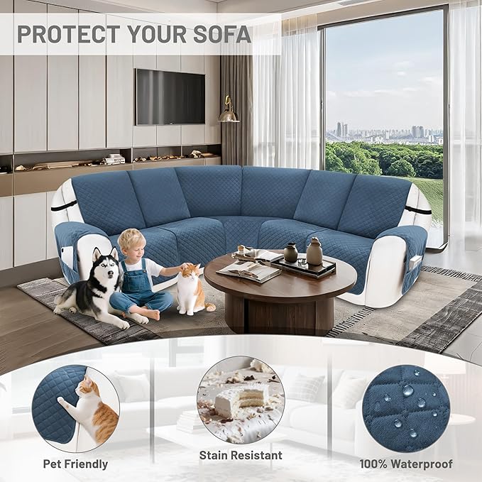 Recliner Sofa Covers 100% Waterproof Velvet L Shape Recliner Couch Covers for Sofa Pets Washable Anti Slip Recliner Slipcovers with Pockets (5 Seat Sofa, Dark Blue)