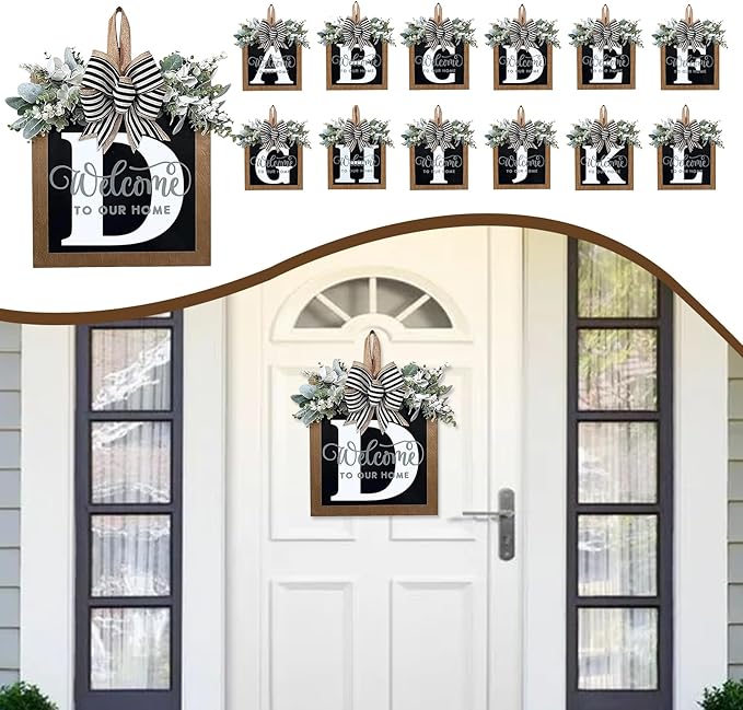 Ultra Large 14'' Last Name All Year Round Front Door Wreath with 26 Initial Letter Welcome Sign All Seasons Eucalyptus Garland and Bow Wreaths for Front Door Porch Farmhouse Decoration (D)