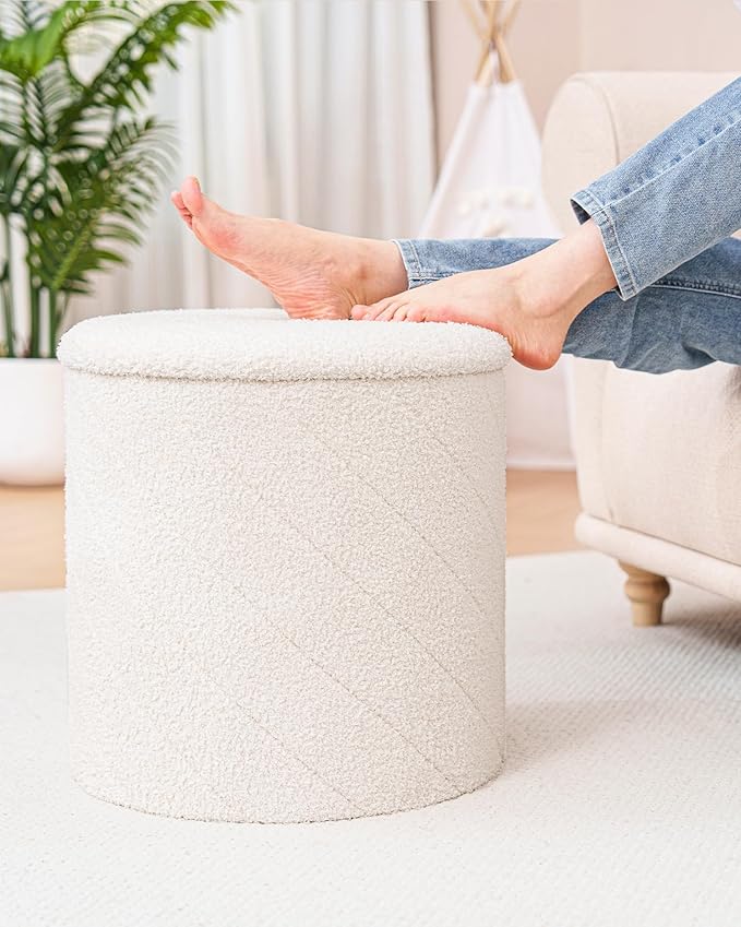 Round Boucle Storage Ottoman with Reversible Wood Tray, 17.7" Sherpa Cylinder Footrest Stool with Storage, Upholstered Folding Ottoman Coffee Table for Living Room Bedroom Dorm, White