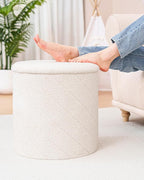 Round Boucle Storage Ottoman with Reversible Wood Tray, 17.7" Sherpa Cylinder Footrest Stool with Storage, Upholstered Folding Ottoman Coffee Table for Living Room Bedroom Dorm, White