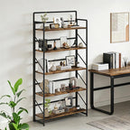 JSB Folding Bookshelf,Industrial Storage Shelves, No Assembly Vintage Wood Look Bookshelf with Storage Shelves for Living Room, Bedroom, Office (Fire Brown, Wide 5-Tier)