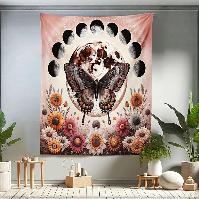 Ambesonne Boho Tapestry Twin Size, Springtime Butterfly Art with Delicate Floral Garden and Dreamy Moon Circle, Wall Hanging Bedspread Bed Cover Wall Decor, 68" X 88", Pale Ruby Dark Taupe