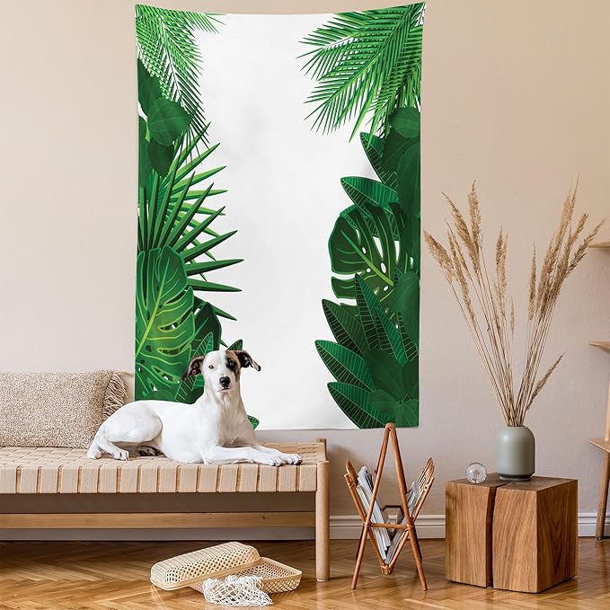 Ambesonne Leaf Tapestry Queen Size, Exotic Fantasy Hawaiian Tropical Palm Leaves Floral Graphic Art Print, Wall Hanging Bedspread Bed Cover Wall Decor, 88" X 88", Green White