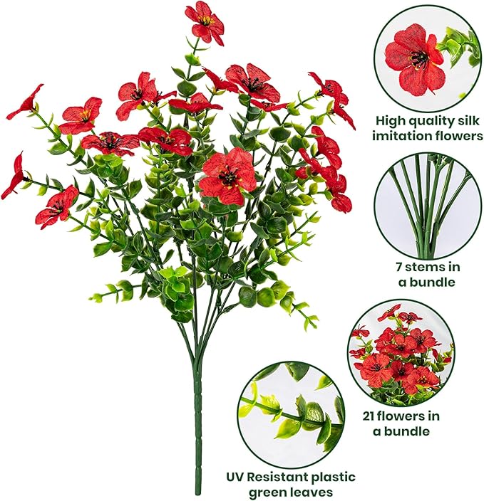 Lnoicy 20 Bundles Artificial Flowers for Outdoor Fake Plants for Spring Decoration,Faux Eucalyptus Flowers for Planter UV Resistant Lifelike for Home Porch Garden（Red）