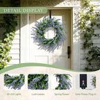 Solar Spring Wreath for Front Door 24inch 50LED Pre-lit Wreaths Spring Summer Decorations Artificial Wreath Purple Lavender Flower for Outside Home Festival Farmhouse Decor(2401)