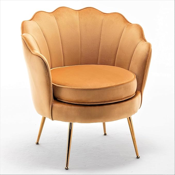 Velvet Barrel Accent Chair with Scalloped Silhouette and Gold Metal Legs, Decorative Piece Suitable for Traditional, Modern, and Contemporary Spaces, Mustard Yellow