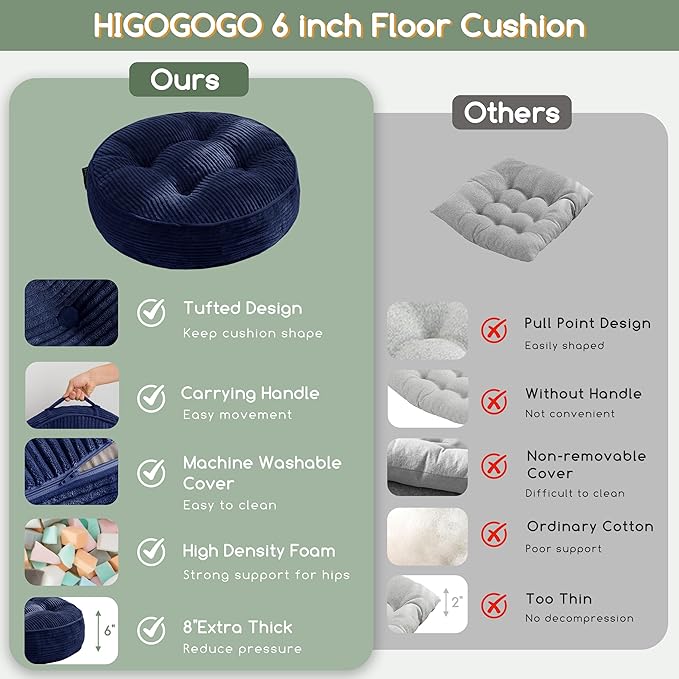 6" Washable Floor Pillow Cushion for Adults, Meditation Cushion Pillow, Large Round Floor Sitting, Removable Tufted Corduroy Cover, for Tatami Living Room or Yoga, 22x22 Inch, Machine Washable