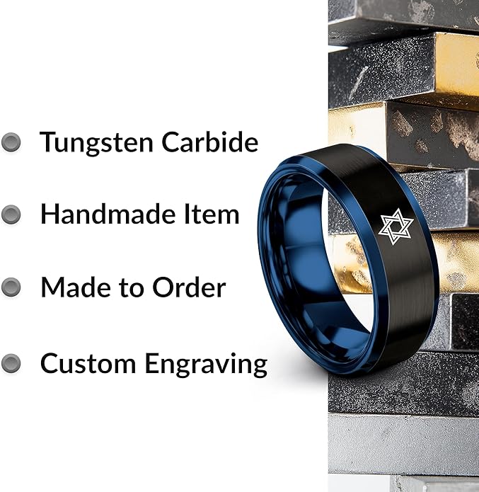 Mezuzah star Of David Ring - Gift for Jewish Family - Flat Dome Bevel - 8mm - Men Women - Yellow Gold Black Silver Blue - Anniversary Wedding - Personalized Custom Engraving - Band - Brushed Polished