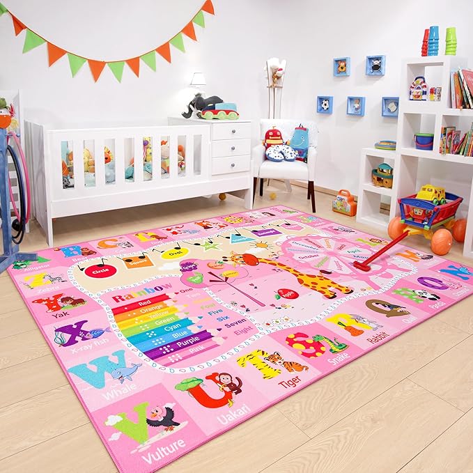 Chicrug Educational Kid Area Rug for Playroom, 5x7 Feet TPR Non Slip Kids Classroom Carpet Rug for Learning ABC Animal, Shape Color Fruit, Washable Play Mat Rug for Children Nursery Toddler Room Decor